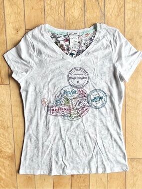 Disney Parks White V‑Neck T‑Shirt Size Medium – Mickey Mouse - Park Stamps